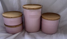 Pink Chiffon Le Creuset Stoneware Storage Jars Canister Set (4) Wooden Lids - £279.76 GBP