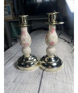 HOMCO Home Interiors Pair of Candlesticks Ceramic Floral &amp; Brass 7.5&quot; Hi... - $14.00