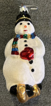 Vintage Midwest Cannon Falls Blown Glass Ornament Snowman Flocked Ice Skating 5&quot; - £11.95 GBP