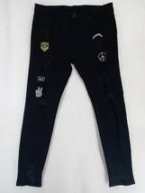 Men&#39;s Jeans Sz XXL -36&quot; W x 30&quot; L Skinny Black Denim Army Peace Patch Di... - £11.20 GBP