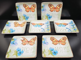 7 Pc Certified International Butterfly Canape Plates Set Square Floral D... - £63.04 GBP