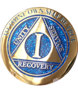 1 Year AA Medallion Elegant Glitter Blue Gold Plated Sobriety Chip Coin One - £16.06 GBP
