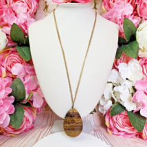 Wire Caged Teardrop Tigers Eye Pendant Gold Tone Chain Necklace - $14.95