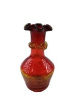 Vintage AMBERINA RED ORANGE Crackle Glass Flower Vase Ruffled Edge - $31.58