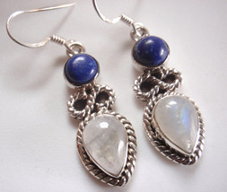 Lapis &amp; Moonstone Dbl-Gem 925 Sterling Silver Earrings with Rope Style Accents - £15.81 GBP