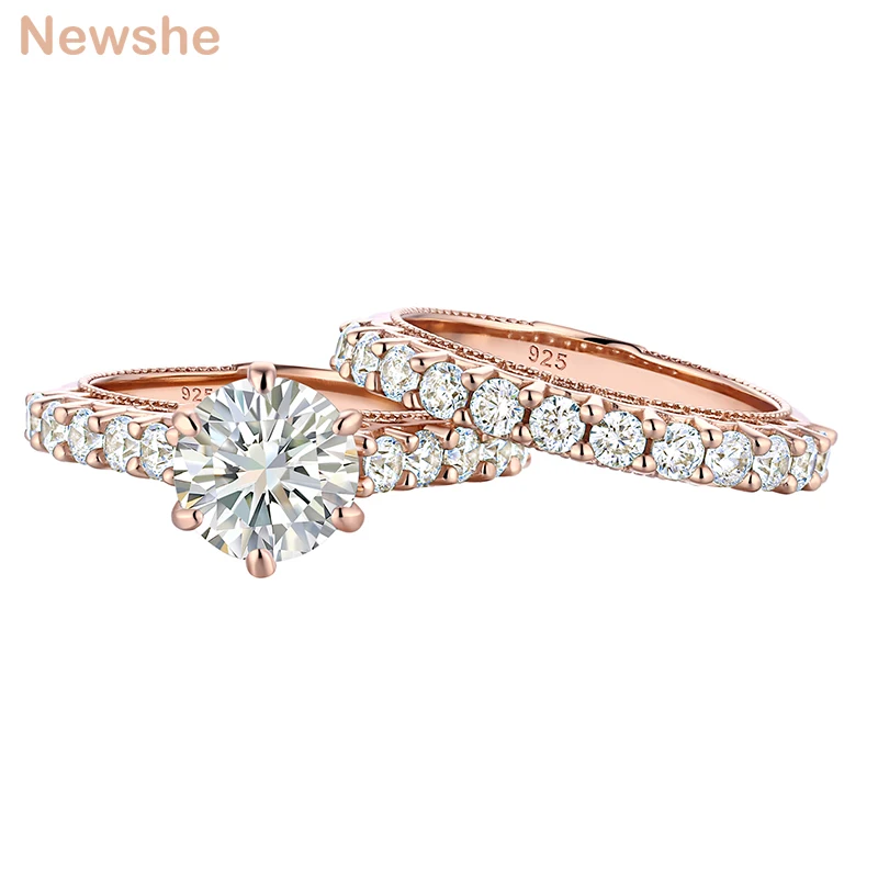 Women&#39;s Sterling Silver Rose Gold Wedding Ring Set Classic Engagement Rings Roun - £57.96 GBP