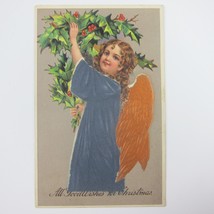 Christmas Postcard Victorian Girl Angel Gold Wings Holly Berry Embossed Antique - £11.73 GBP