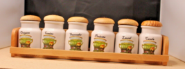 Spice Rack Wooden Yasbel Perez Six Ceramic Containers with Wooden Tops H... - $19.30