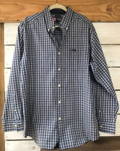 Chaps Men&#39;s Shirt L Navy Blue White Plaid Button Up Cotton Polyester Eas... - $18.61
