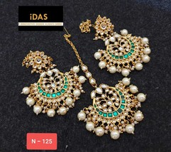 Bollywood Gold Plated Kundan Pearl Jhumki Earrings Tika Fashion Set Wome... - $35.99