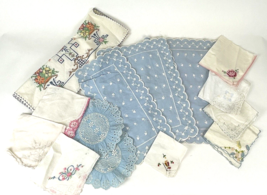 Vintage Linens Lot Embroidered Crochet Lace Hankies Doily Table Runner H... - £30.09 GBP