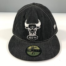 Chicago Bulls Fitted Hat Size 7 1/2 Black Gray Denim Windy City Head Logo 59 50 - £13.30 GBP