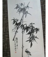 Beautiful Vertical Asian Silk Tied Scroll Fabric Wall Art Bamboo Bird 22... - $88.22