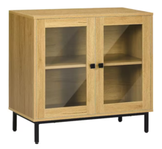 HOMCOM Oak Kitchen Cabinet, Floor Storage Cabinet with Double Glass Door... - £104.36 GBP