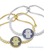 Hamsa Hand Evil Eye Charm Link CZ Crystal Bolo Bracelet in .925 Sterling... - £41.23 GBP