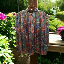 Vtg Women&#39;s Adrianna Papell Jewel Tones Floral Silk Blouse Top Long Slee... - £20.57 GBP