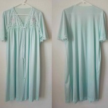 Vintage Lorraine Mint Green House Dress Pjs Tunic Button Up Lace Women Sz Medium - £15.59 GBP