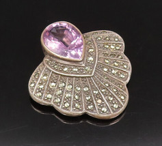 925 Silver - Vintage Pear Shaped Amethyst &amp; Marcasite Deco Brooch Pin - ... - £70.23 GBP