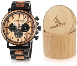 Wooden Mens Watch Large Size Wood And Stainless Steel Chronograph Black Wood - £91.99 GBP