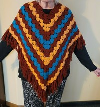 Vintage Hand Knit Crochet Granny Boho Fringe Hippie Poncho Cape OS 60S 70S - $70.29