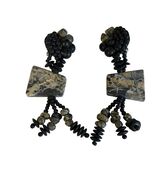 Vintage Beaded Dangle Clip On Earrings Black Stone Abstract Statement - $19.80