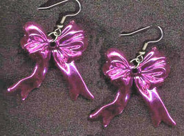 Bow Ribbon EARRINGS-Valentine Novelty Jewelry-HOT Pink Metallic - £4.69 GBP
