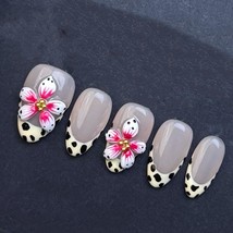 Leopard French Tip Press On Nails with 3D Flowers and Nude Base Artifici... - $526.03 MXN