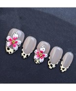 Leopard French Tip Press On Nails with 3D Flowers and Nude Base Artifici... - $26.99
