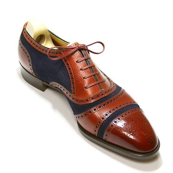 Customize Brown Balmoral With Jaguar Blue Quarter Suede Leather Mens Dress Shoes