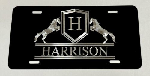 Equestrian Horse Riding Monogram Crest Car Tag Diamond Etched License Plate Gift