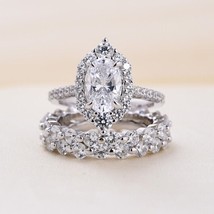 2 Ct Oval Simulated Diamond Engagement Halo Trio Ring Set 14K White Gold Plated - £124.81 GBP