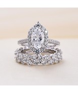 2 Ct Oval Simulated Diamond Engagement Halo Trio Ring Set 14K White Gold... - £126.69 GBP