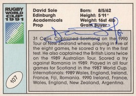 David Sole Scotland Hand Signed Rugby 1991 World Cup Card Photo - £6.75 GBP