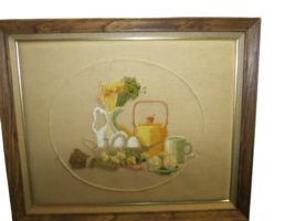 Vintage Framed Cross Stitch Completed Handmade Kitchen Crewel 23&quot;L x 19&quot;T - £19.46 GBP