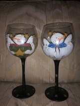 2 Snowman Angel Wine Glasses Hand Painted Christmas Xmas Winter Snow Stars 8.5&quot; - £24.90 GBP