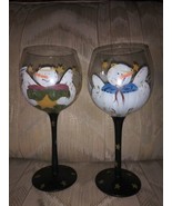 2 Snowman Angel Wine Glasses Hand Painted Christmas Xmas Winter Snow Sta... - £24.84 GBP