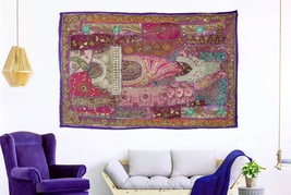 Indian Heavy Hand Embroidered Wall Hanging Vintage Zari Patchwork Beads Tapestry - £57.99 GBP