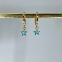 14k Gold Blue Topaz Gemstone Star Huggie hoops, dainty minimalist earrings - £786.51 GBP