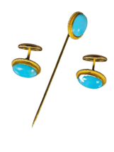 Antique Blue Opaline Glass Cufflinks Stick Pin Set Mens - £78.06 GBP