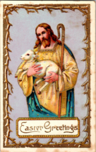 Vtg Religious Postcard, Easter Greetings, Jesus and Lamb with Golden Border - £5.22 GBP