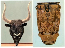 2 Postcards Greece Crete Heraklion Museum Bull Head Jar w Double Axes Unposted - £3.99 GBP