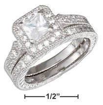 Sterling Silver Vintage Princess Cut Cubic Zirconia Wedding Ring Set - £157.23 GBP