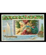 Vintage German Postcard Embossed Polkadot Santa Claus Toys Sailboat Seaside - $14.84