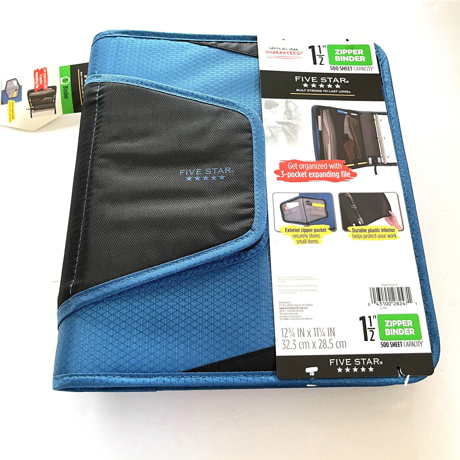 Five Star 1 1/2&quot; Zipper Binder Blue 500 Sheet Capacity 3-Pocket Expandin... - $18.00