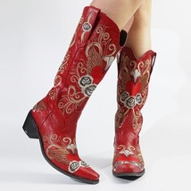 Women&#39;s Western Red Embroidered Hearts Mid Calf  Slip-On Cowgirl Boots 6... - £70.51 GBP