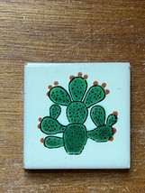 Small Cream w Green Cactus Plant Terra Cotta Pottery Square Tile - 2 x 2... - $11.29