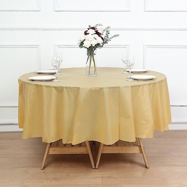 Gold Round 84&quot;&quot; Disposable Plastic Tablecloth Table Cover Affordable Dec... - $6.00
