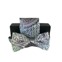 Barcelona Men&#39;s Bow Tie &amp; Hanky Set Silver, Green, Burgundy, Teal, Navy Pre-Tied - £15.97 GBP