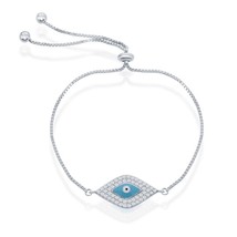 Box Chain with Center CZ Blue Evil Eye w/ Beads Adjustable Bolo Bracelet - £61.49 GBP