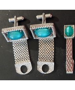 Vintage Mens Jewelry Silver Tone GREEN Stone CUFFLINKS and Tie Clasp Bar... - £47.06 GBP